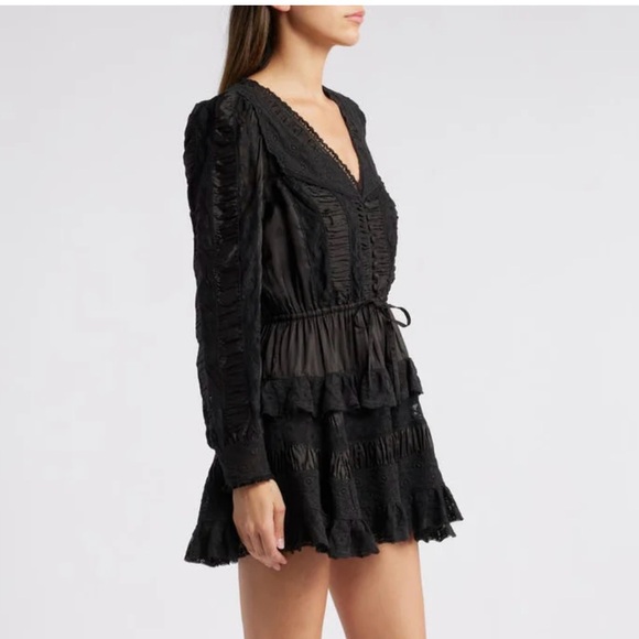 LoveShackFancy Kal Black Satin and Lace Ruffle Mini Dress size S - Picture 2 of 11